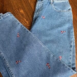 The Quacker Factory Women's Size 16 Denim Jeans Candy‎ Cane Embroidered